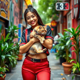 A beautiful Asian Filipino girl wearing stylish hot pants and a snug AC Milan crop top jersey, confidently showcasing her trendy outfit