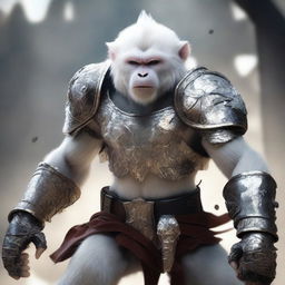 This is a semi-realistic digital art image featuring a raging white monkey in a battered armor, depicted as a wandering warrior in the midst of an epic battle