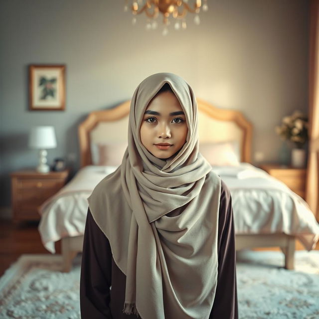 A striking and artistic portrayal of a Thai Muslim girl, with her hijab elegantly draped to cover only her face, standing confidently on a soft carpet in a beautifully decorated bedroom