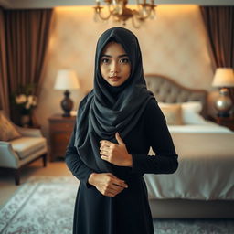 A striking and artistic portrayal of a Thai Muslim girl, with her hijab elegantly draped to cover only her face, standing confidently on a soft carpet in a beautifully decorated bedroom