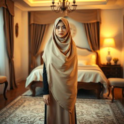 A striking and artistic portrayal of a Thai Muslim girl, with her hijab elegantly draped to cover only her face, standing confidently on a soft carpet in a beautifully decorated bedroom