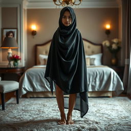 A striking and artistic portrayal of a Thai Muslim girl, with her hijab elegantly draped to cover only her face, standing confidently on a soft carpet in a beautifully decorated bedroom