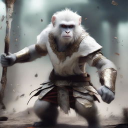 This is a semi-realistic digital art image featuring a raging white monkey in a battered armor, depicted as a wandering warrior in the midst of an epic battle