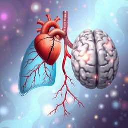 An artistic illustration featuring a stylized representation of a human heart, lung, and brain, interconnected with intricate vascular and neural pathways