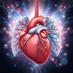 An artistic illustration featuring a stylized representation of a human heart, lung, and brain, interconnected with intricate vascular and neural pathways