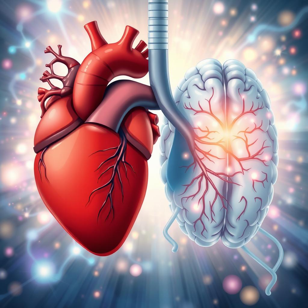 An artistic illustration featuring a stylized representation of a human heart, lung, and brain, interconnected with intricate vascular and neural pathways