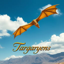A majestic dragon soaring through a clear blue sky with golden scales shimmering in the sunlight, representing the Targaryen heritage