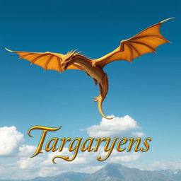 A majestic dragon soaring through a clear blue sky with golden scales shimmering in the sunlight, representing the Targaryen heritage