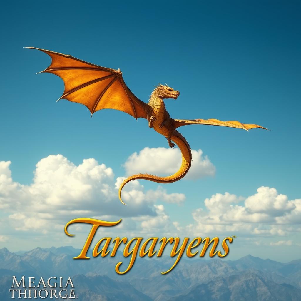 A majestic dragon soaring through a clear blue sky with golden scales shimmering in the sunlight, representing the Targaryen heritage