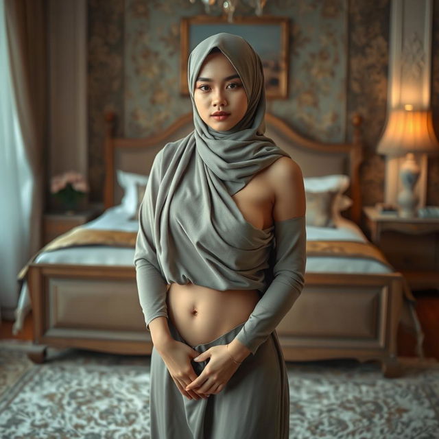 An artistic portrayal of a Thai Muslim girl, with her hijab elegantly draped to cover only her face, standing confidently on a plush carpet in a beautifully decorated bedroom