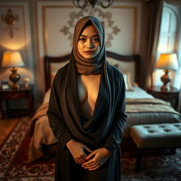 An artistic portrayal of a Thai Muslim girl, with her hijab elegantly draped to cover only her face, standing confidently on a plush carpet in a beautifully decorated bedroom