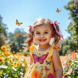 A cute young girl with bright eyes and a cheerful smile, wearing a colorful dress adorned with butterflies and floral patterns, playing in a sunny park filled with blooming flowers and lush greenery