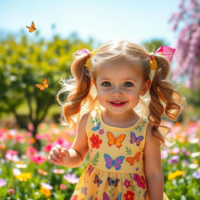 A cute young girl with bright eyes and a cheerful smile, wearing a colorful dress adorned with butterflies and floral patterns, playing in a sunny park filled with blooming flowers and lush greenery