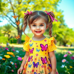 A cute young girl with bright eyes and a cheerful smile, wearing a colorful dress adorned with butterflies and floral patterns, playing in a sunny park filled with blooming flowers and lush greenery