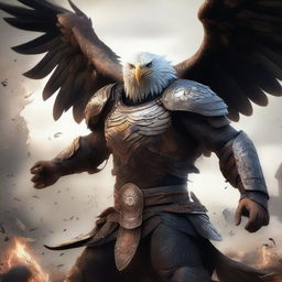 This is a semi-realistic digital art image featuring a raging eagle in battered armor, depicted as a wandering warrior in the midst of an epic battle