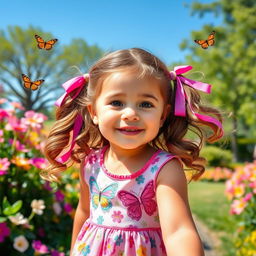 A cute young girl with bright eyes and a cheerful smile, wearing a colorful dress adorned with butterflies and floral patterns, playing in a sunny park filled with blooming flowers and lush greenery