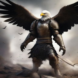 This is a semi-realistic digital art image featuring a raging eagle in battered armor, depicted as a wandering warrior in the midst of an epic battle