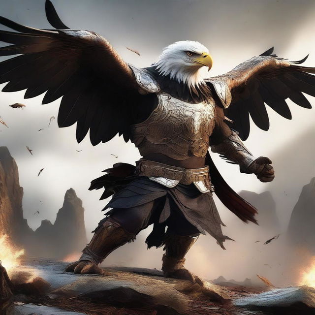 This is a semi-realistic digital art image featuring a raging eagle in battered armor, depicted as a wandering warrior in the midst of an epic battle