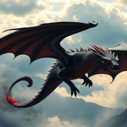 A majestic black and red dragon named Targaryen soaring through a dramatic sky