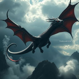 A majestic black and red dragon named Targaryen soaring through a dramatic sky