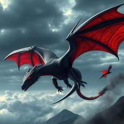 A majestic black and red dragon named Targaryen soaring through a dramatic sky