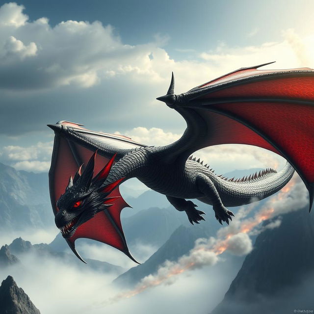 A majestic black and red dragon named Targaryen soaring through a dramatic sky