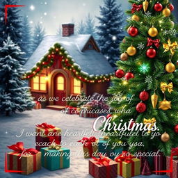A festive Christmas poster featuring a beautifully decorated Christmas tree adorned with twinkling lights and shimmering ornaments