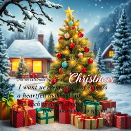 A festive Christmas poster featuring a beautifully decorated Christmas tree adorned with twinkling lights and shimmering ornaments