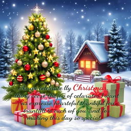 A festive Christmas poster featuring a beautifully decorated Christmas tree adorned with twinkling lights and shimmering ornaments