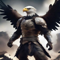 This is a semi-realistic digital art image featuring a raging eagle in battered armor, depicted as a wandering warrior in the midst of an epic battle