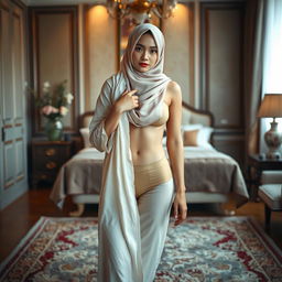 An artistic portrayal of a Thai Muslim girl, with her hijab elegantly draped to cover only her face, standing confidently on a plush carpet in a beautifully decorated bedroom
