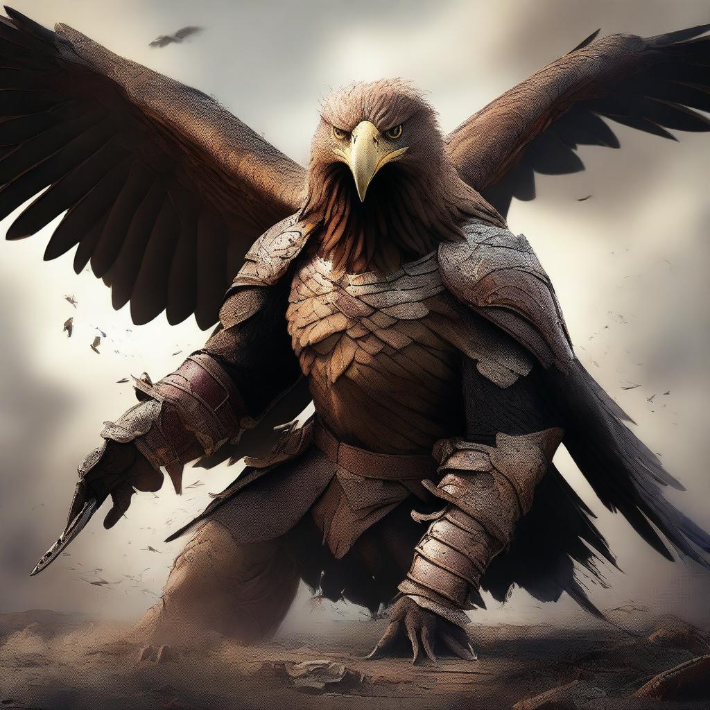 A semi-realistic digital art image showcasing a raging brown eagle in battered armor, portrayed as a wandering warrior in the throes of an epic battle