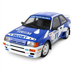 A hyper-realistic 3D render of the Ford Escort MK4 WRC from the 1990s, showcasing the official Ford Racing Team livery in striking blue and white colors