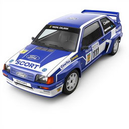 A hyper-realistic 3D render of the Ford Escort MK4 WRC from the 1990s, showcasing the official Ford Racing Team livery in striking blue and white colors