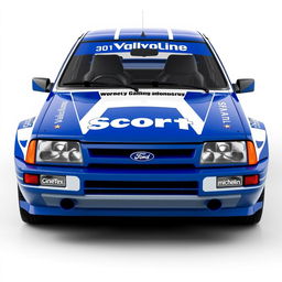 A hyper-realistic 3D render of the Ford Escort MK4 WRC from the 1990s, showcasing the official Ford Racing Team livery in striking blue and white colors