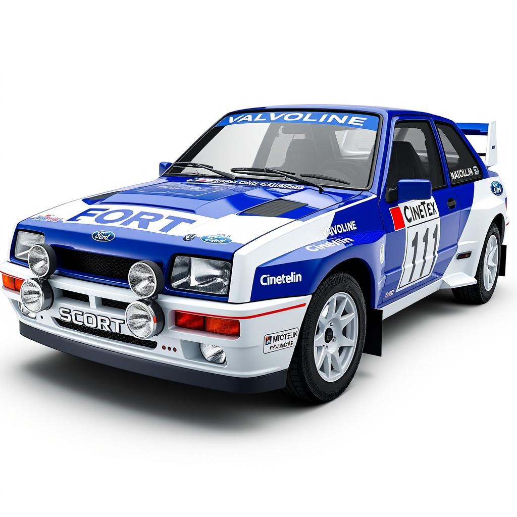 A hyper-realistic 3D render of the Ford Escort MK4 WRC from the 1990s, showcasing the official Ford Racing Team livery in striking blue and white colors