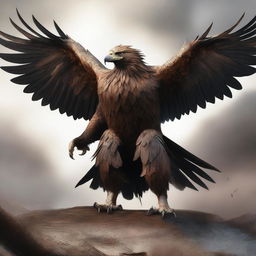 A semi-realistic digital art image showcasing a raging brown eagle in battered armor, portrayed as a wandering warrior in the throes of an epic battle