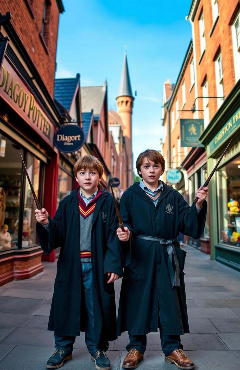 Harry Potter and his twin brother standing outside of Diagon Alley, both holding their wands in a ready stance