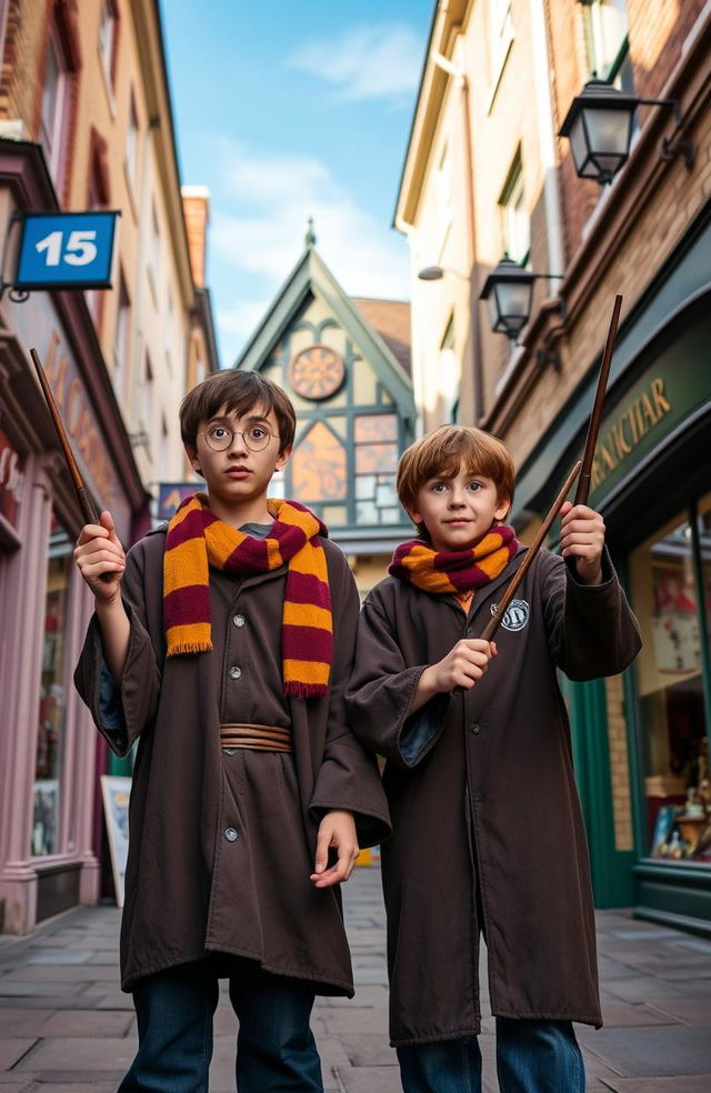 Harry Potter and his twin brother standing outside of Diagon Alley, both holding their wands in a ready stance