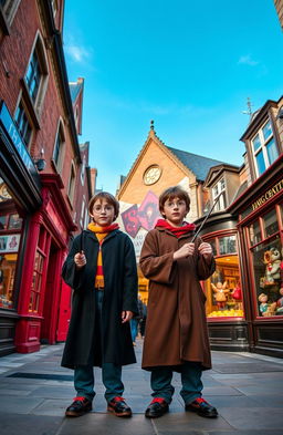 Harry Potter and his twin brother standing outside of Diagon Alley, both holding their wands in a ready stance