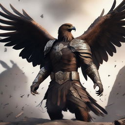 A semi-realistic digital art image showcasing a raging brown eagle in battered armor, portrayed as a wandering warrior in the throes of an epic battle