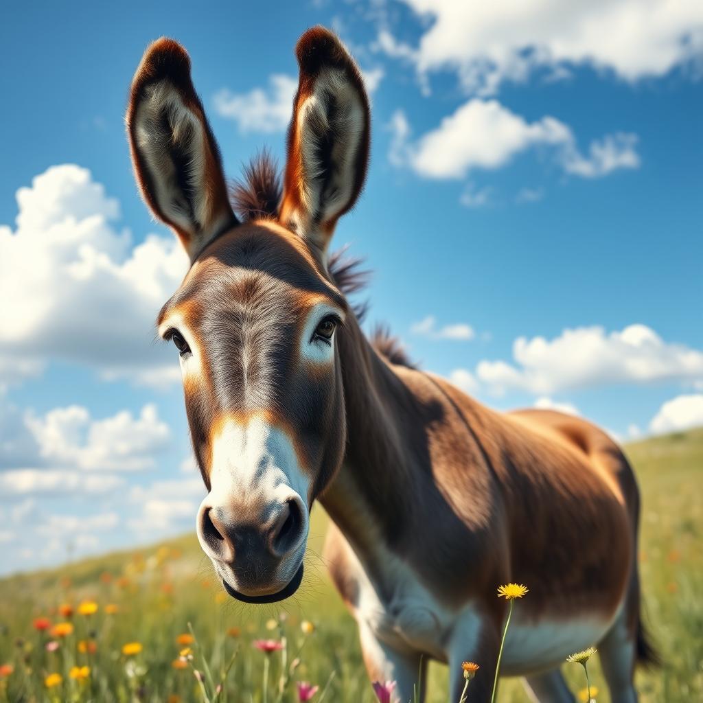 A realistic and detailed image of a donkey in a natural setting, featuring its characteristic long ears and gentle eyes