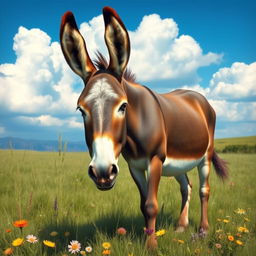 A realistic and detailed image of a donkey in a natural setting, featuring its characteristic long ears and gentle eyes