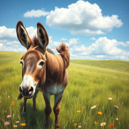 A realistic and detailed image of a donkey in a natural setting, featuring its characteristic long ears and gentle eyes