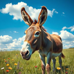 A realistic and detailed image of a donkey in a natural setting, featuring its characteristic long ears and gentle eyes