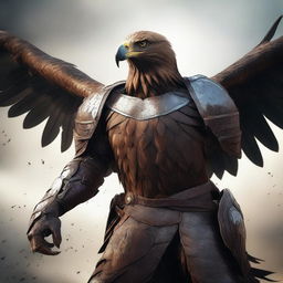 A semi-realistic digital art image showcasing a raging brown eagle in battered armor, portrayed as a wandering warrior in the throes of an epic battle