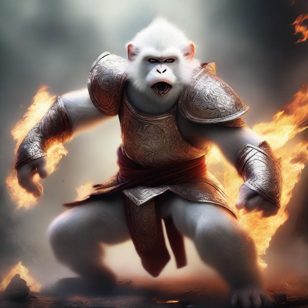 A semi-realistic digital art image depicting a raging white monkey in a burning, battered armor, portrayed as a wandering warrior in an epic battle