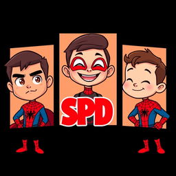 Three cartoon-style superhero characters inspired by Spider-Man, presented in their own vertical panels