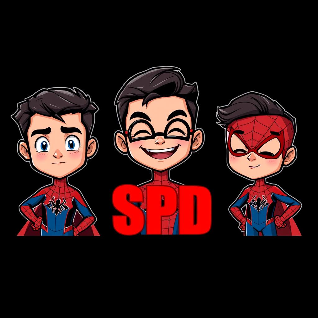 Three cartoon-style superhero characters inspired by Spider-Man, presented in their own vertical panels