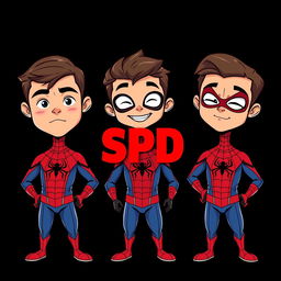 Three cartoon-style superhero characters inspired by Spider-Man, presented in their own vertical panels